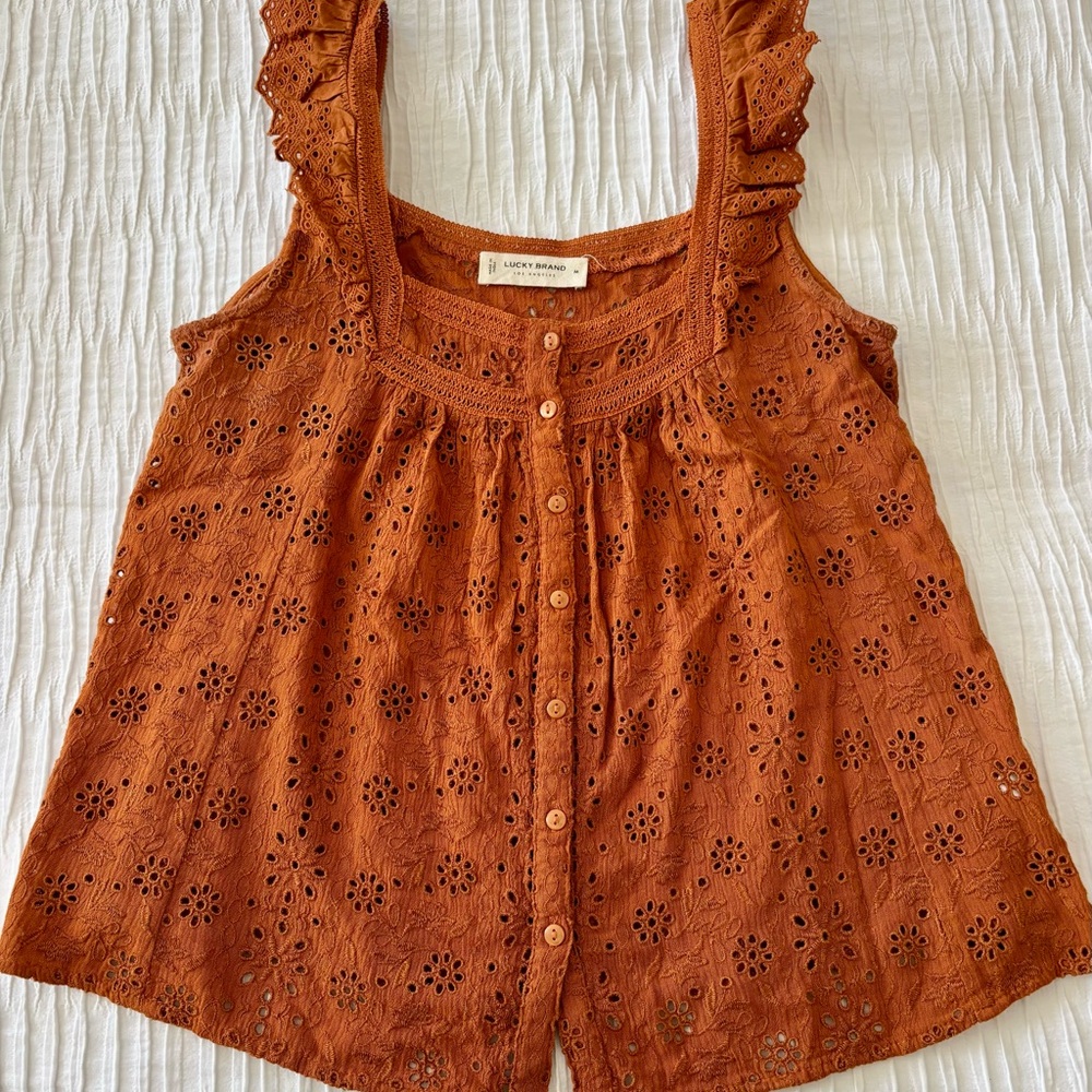 Lucky Brand Rust Eyelet Button-Down Top